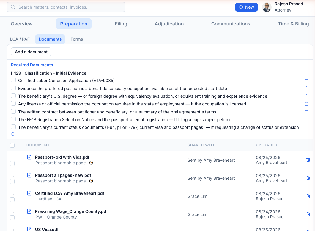 CaseVigil documents tab with the I-129 required-documents checklist above the matter's uploaded files