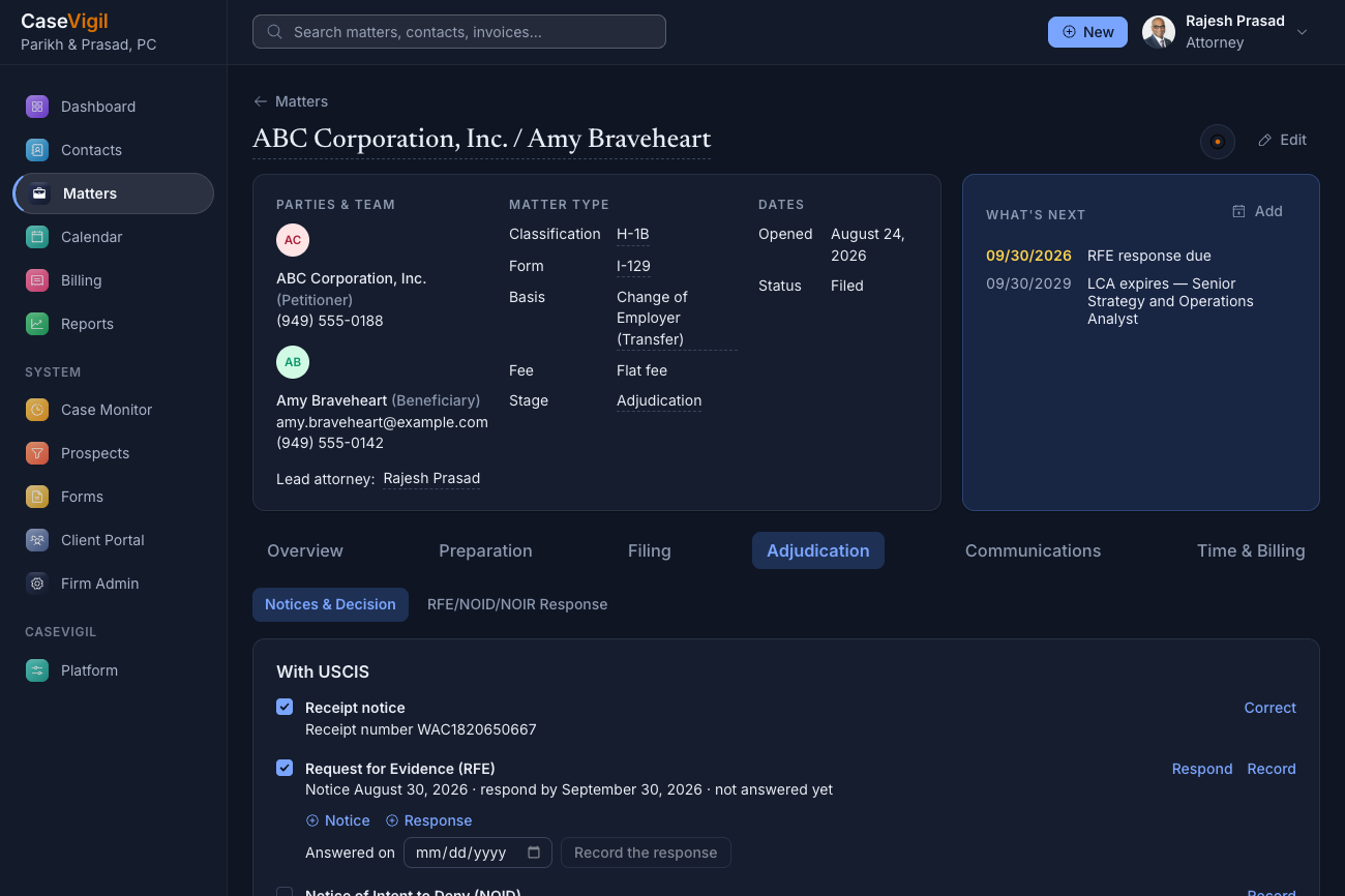 CaseVigil matter in dark mode showing parties, H-1B classification, What's Next with an RFE response due, and the USCIS notices on the Adjudication tab
