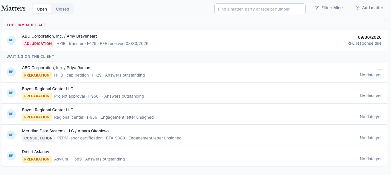 CaseVigil docket grouping open matters by whether the firm, the client or the agency moves next